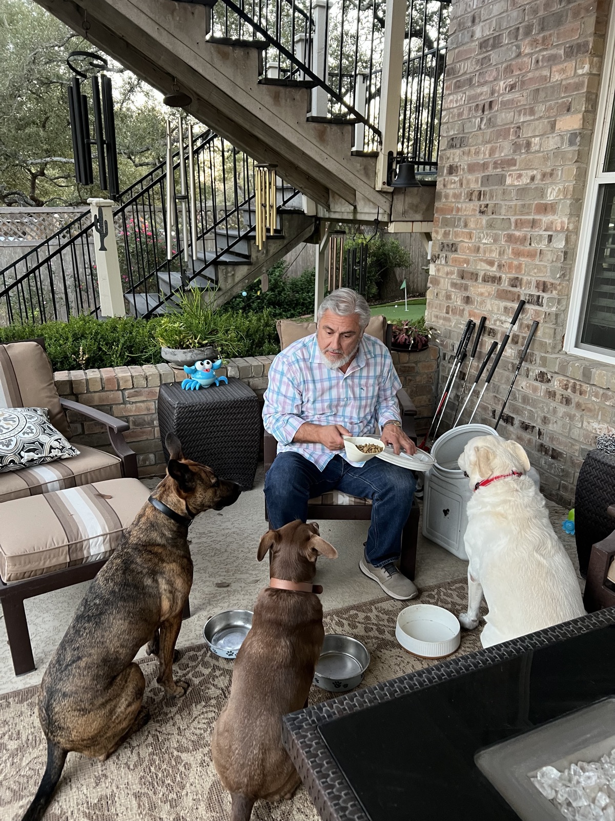 Charlie preparing dinner on the patio while three dogs sit and wait politely